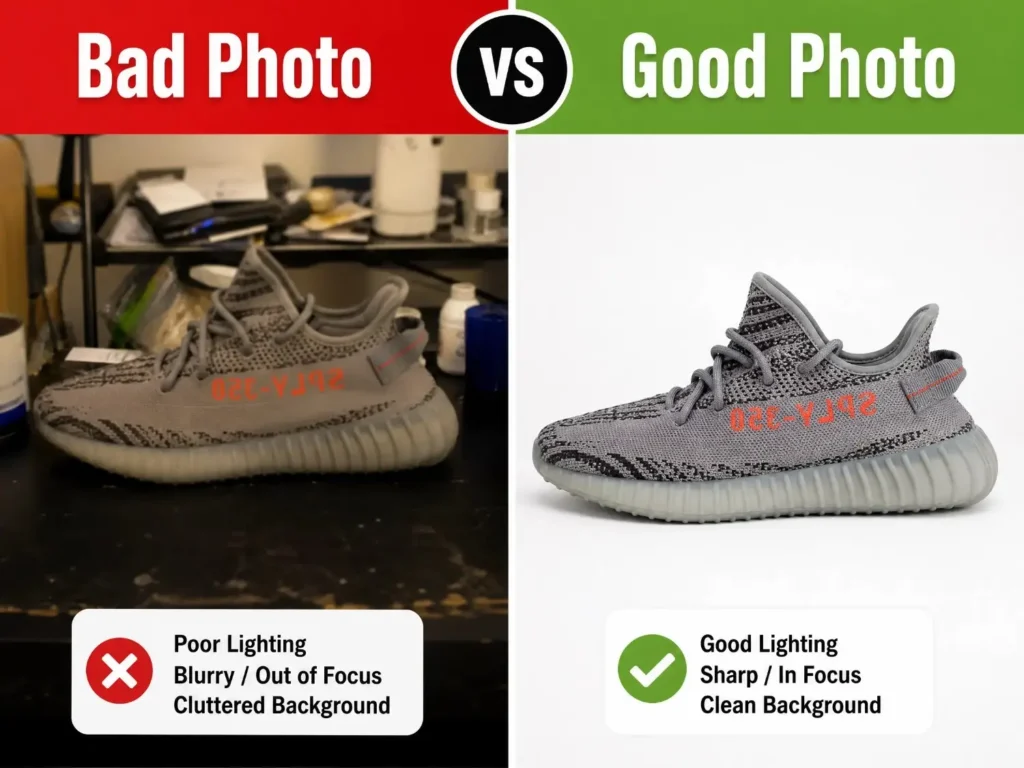 eBay beginner seller tips to make first sale showing good versus bad product photography
