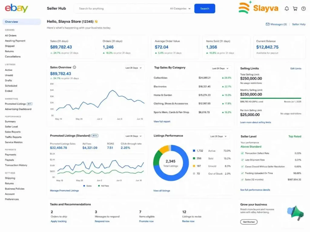 eBay business account benefits for sellers showing advanced Seller Hub features