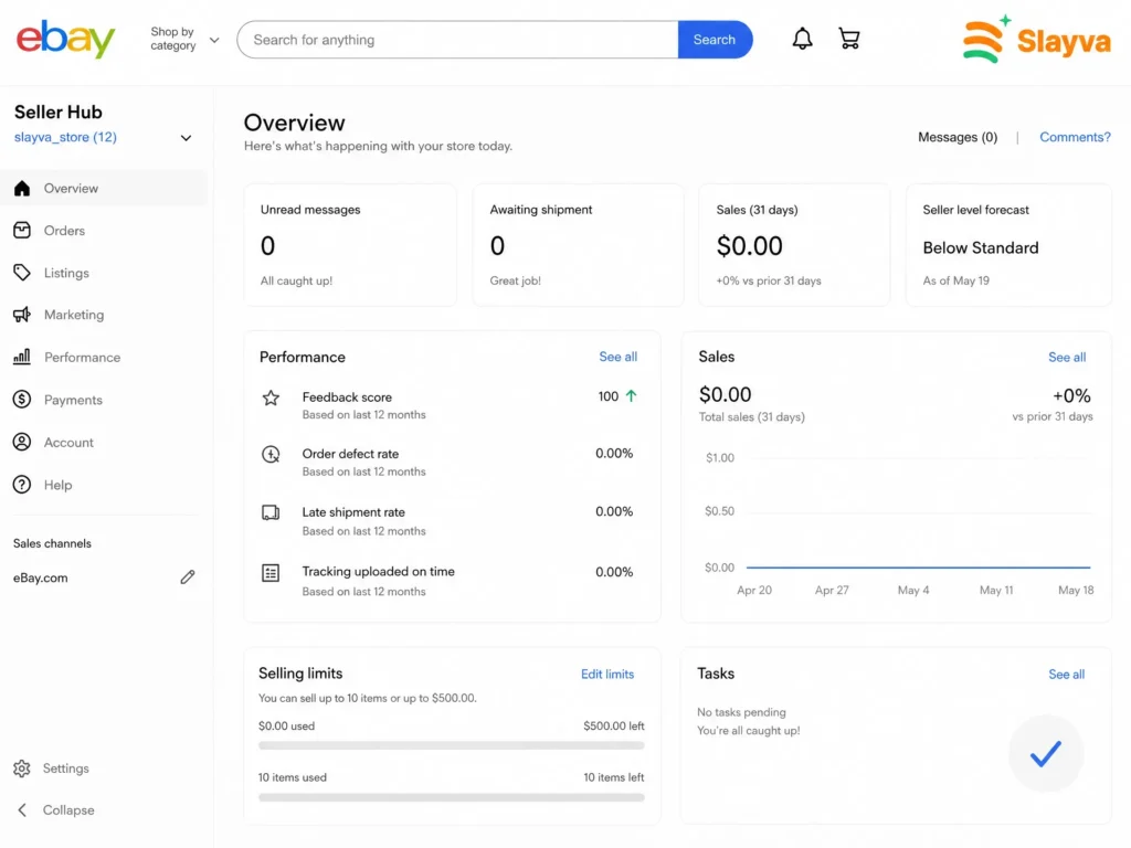 eBay personal seller limits 2026 dashboard showing low selling caps