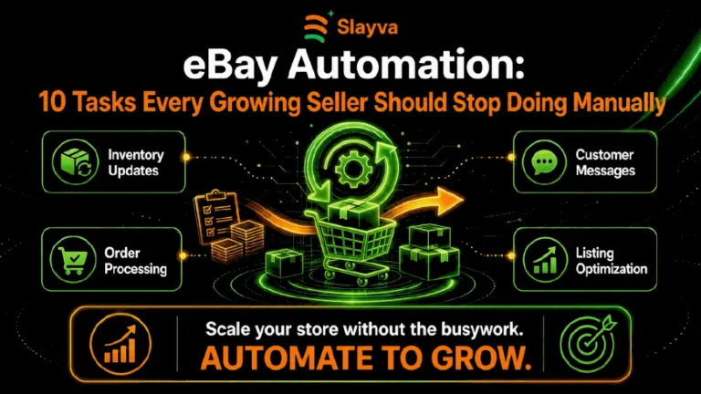eBay automation for growing sellers showing inventory updates, order processing, customer messages and listing optimization