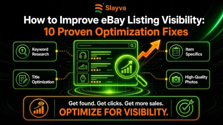 How to improve eBay listing visibility guide cover showing keyword research, title optimization, item specifics and high quality photos.