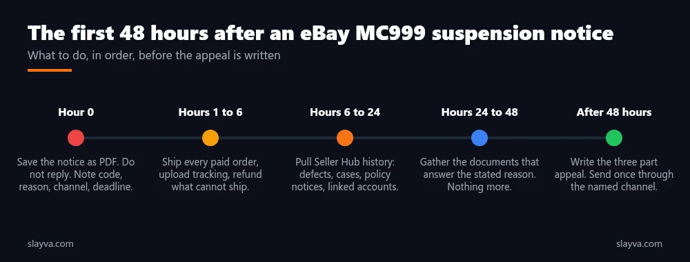 Timeline of the first 48 hours after an eBay MC999 suspension notice, from saving the notice to writing the appeal