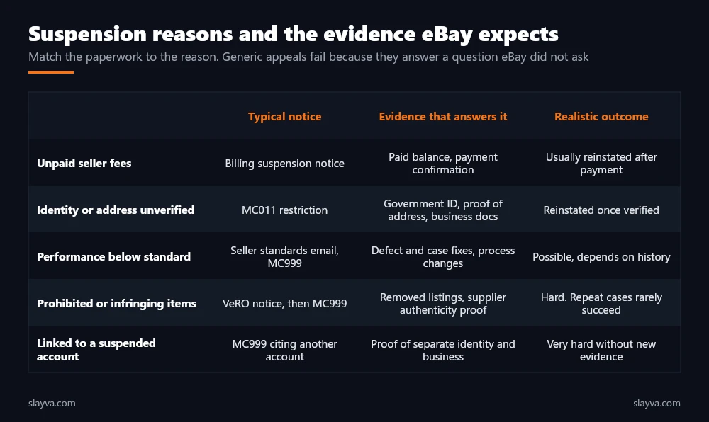 Table of eBay suspension reasons with the notice sellers typically receive, the evidence that answers each one and the realistic outcome