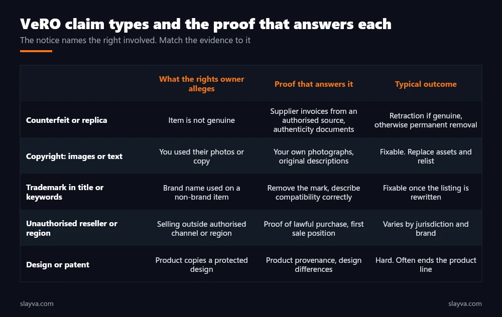 eBay VeRO claim types matched to the proof that answers each and the typical outcome