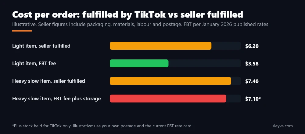 Illustrative cost per order for fulfilled by TikTok vs seller fulfilled on a light product and a heavy product, including packing, materials, labour, postage and storage