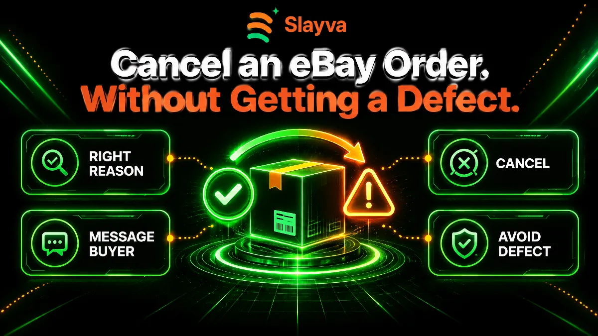 How to cancel an eBay order without a defect: right reason, message buyer, cancel, avoid defect.