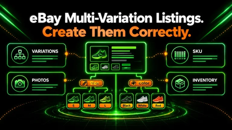 How to create a multi variation listing on eBay: variations, photos, SKU, and inventory.