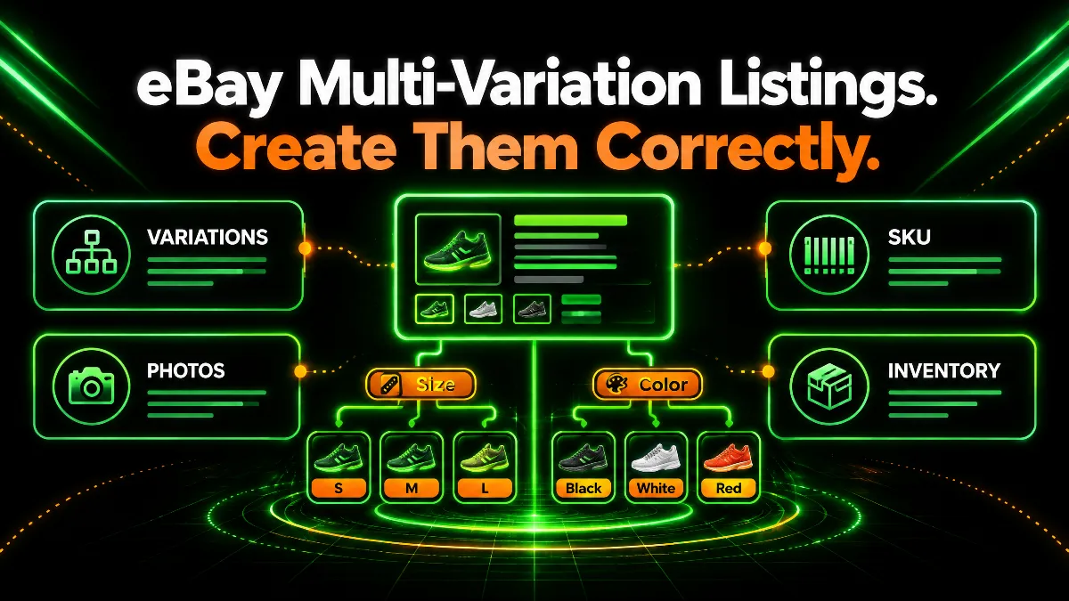 How to create a multi variation listing on eBay: variations, photos, SKU, and inventory.