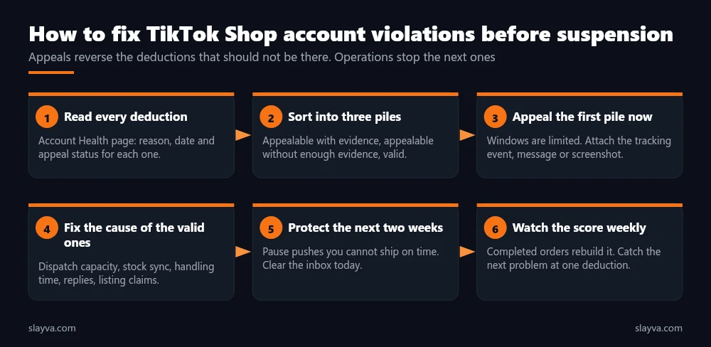 Six steps to fix TikTok Shop account violations: read every deduction, sort into three piles, appeal the first pile, fix the cause, protect the next two weeks, watch the score