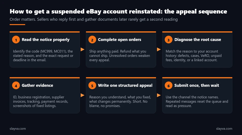 How to get a suspended eBay account reinstated in six steps: read the notice, complete orders, diagnose, gather evidence, write one appeal, submit once.