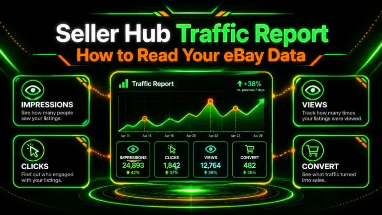 How to read eBay Seller Hub traffic report: impressions, clicks, views, and conversion.