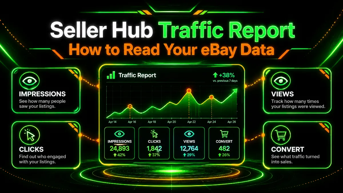 How to read eBay Seller Hub traffic report: impressions, clicks, views, and conversion.