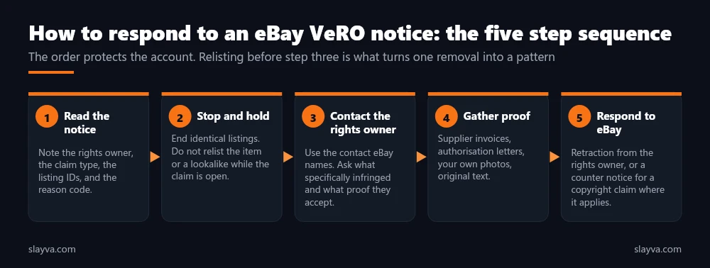 Five steps to respond to an eBay VeRO notice: read the notice, stop and hold, contact the rights owner, gather proof, respond to eBay