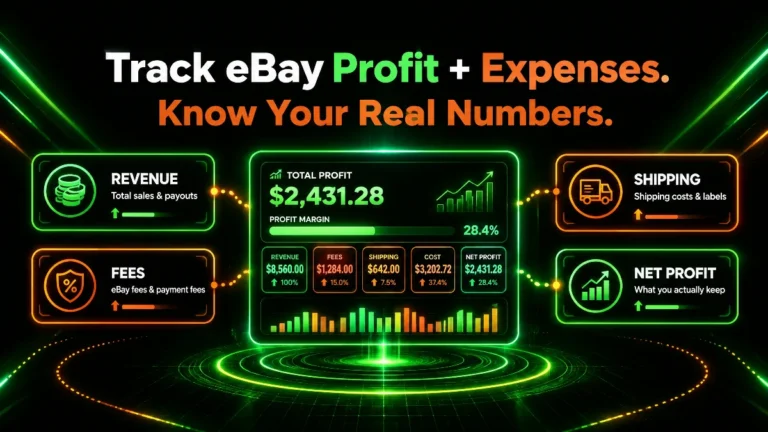 How to track eBay profit and expenses: revenue, fees, shipping, cost, and net profit.