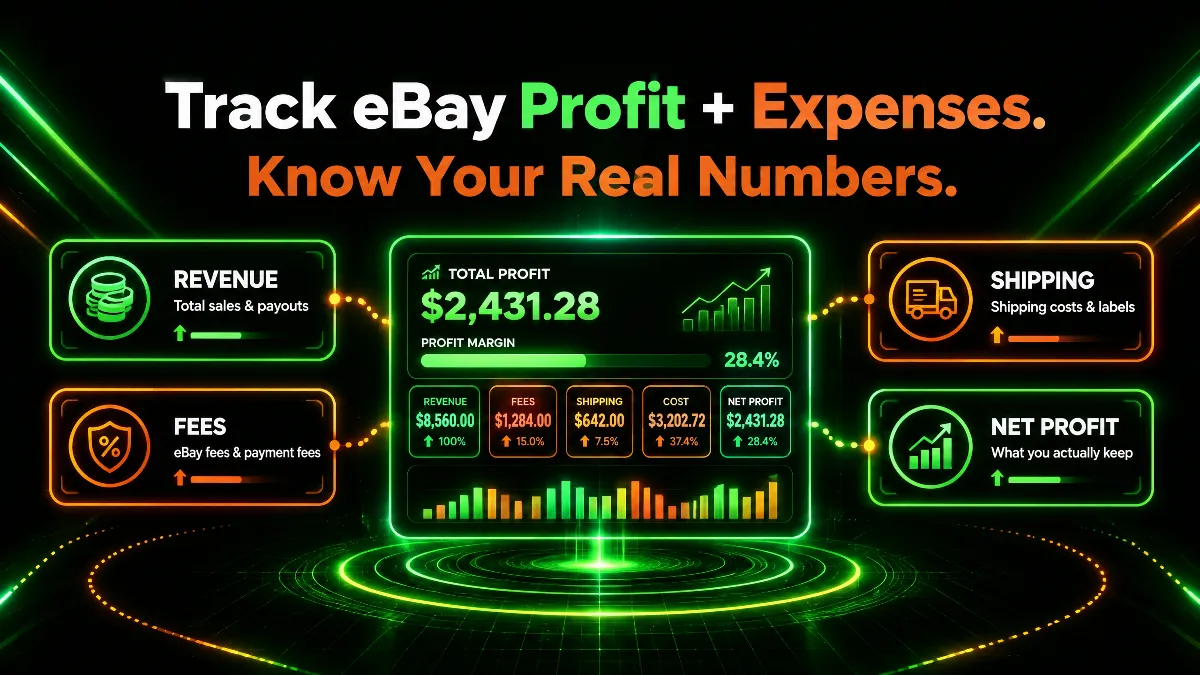 How to track eBay profit and expenses: revenue, fees, shipping, cost, and net profit.