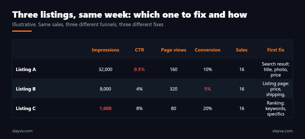 Three eBay listings with the same sales but different impressions, click-through, and conversion, and the first fix for each.