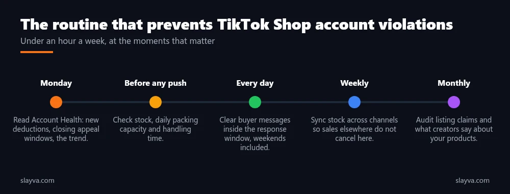 Weekly routine to prevent TikTok Shop account violations: read Account Health on Monday, check capacity before pushes, clear the inbox daily, sync stock weekly, audit listings monthly