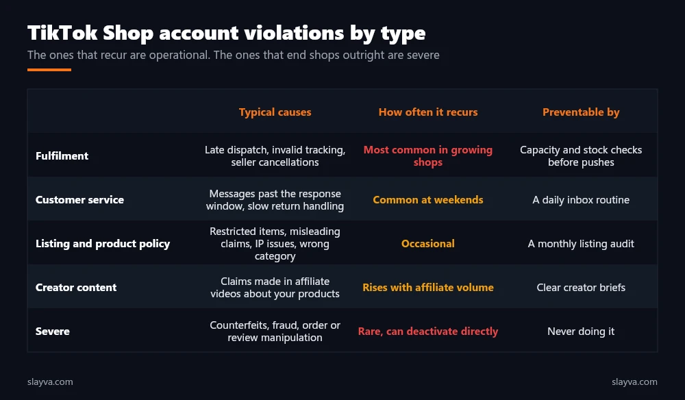 TikTok Shop account violations by type: fulfilment, customer service, listing and product policy, creator content, and severe violations, with typical causes and how preventable each one is