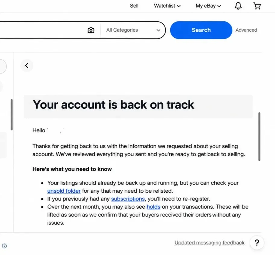 eBay message "Your account is back on track": selling account reinstated after review