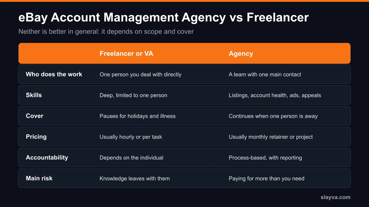 eBay account management agency vs freelancer compared: who does the work, skills, cover, pricing structure, accountability, main risk