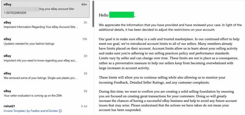 eBay email: restrictions on a client account adjusted after the information provided was reviewed
