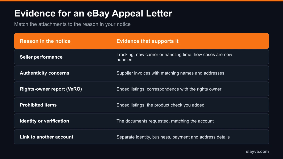 Evidence for an eBay appeal letter by suspension reason: performance, authenticity, VeRO, prohibited items, verification, linked accounts