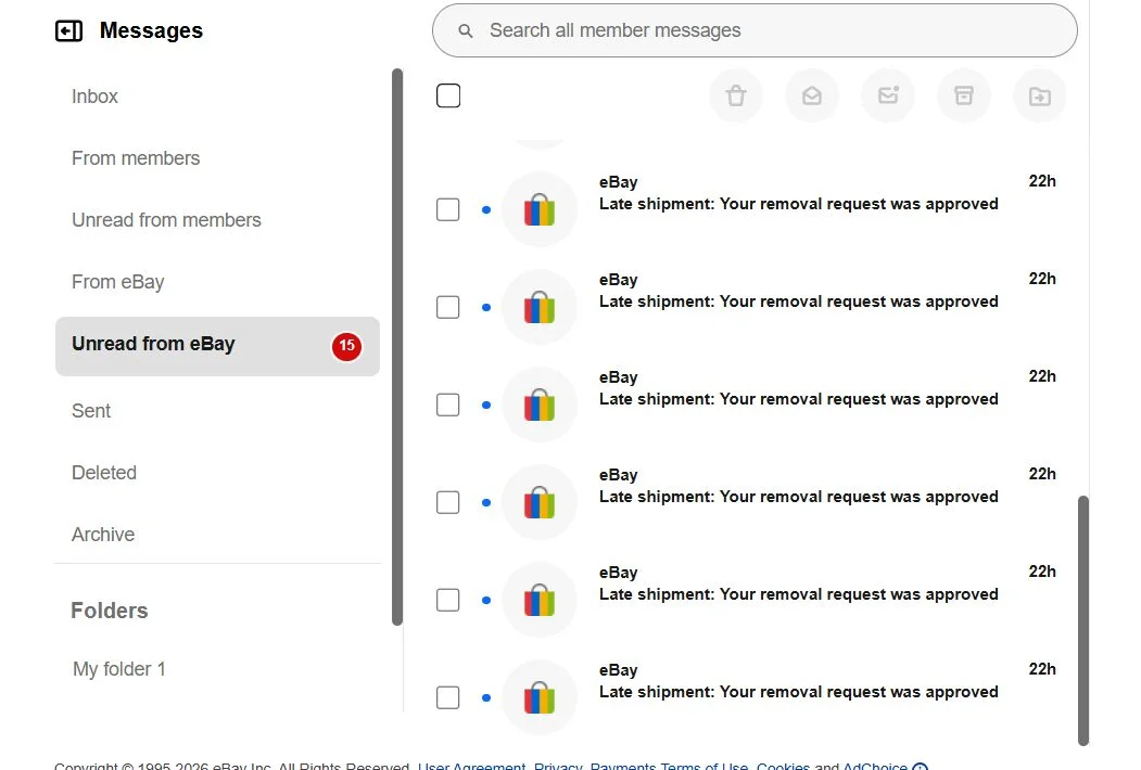 eBay messages: six "Late shipment: Your removal request was approved" notices on a client account