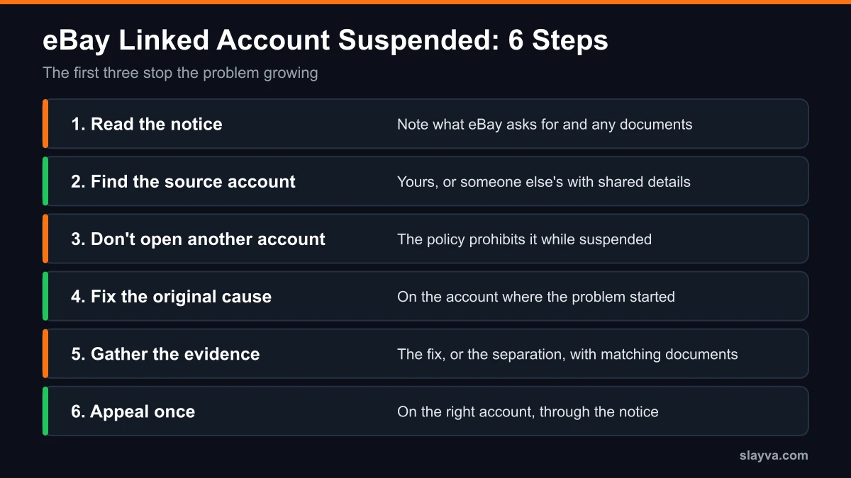eBay linked account suspended: 6 simple steps, read the notice, find the source account, stop new accounts, fix the cause, gather evidence, appeal once