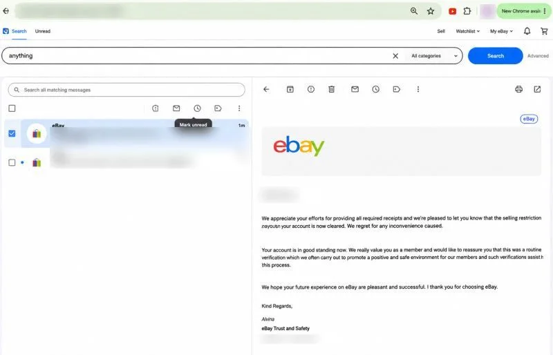 eBay Trust and Safety email: MC011 selling restriction cleared and account in good standing (name and case numbers blurred)