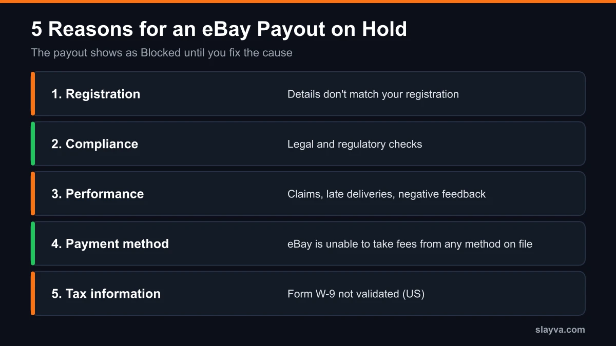 Five reasons for an eBay payout on hold: registration, compliance, performance, invalid payment method and tax information