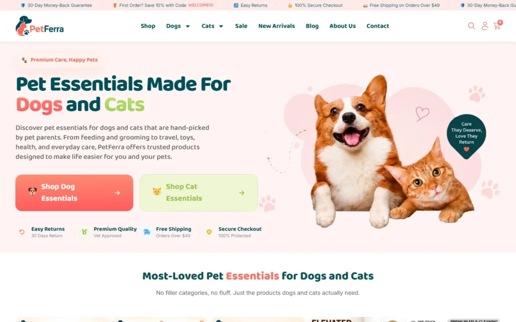 PetFerra homepage on desktop: pet essentials for dogs and cats, WooCommerce store designed and developed by Slayva