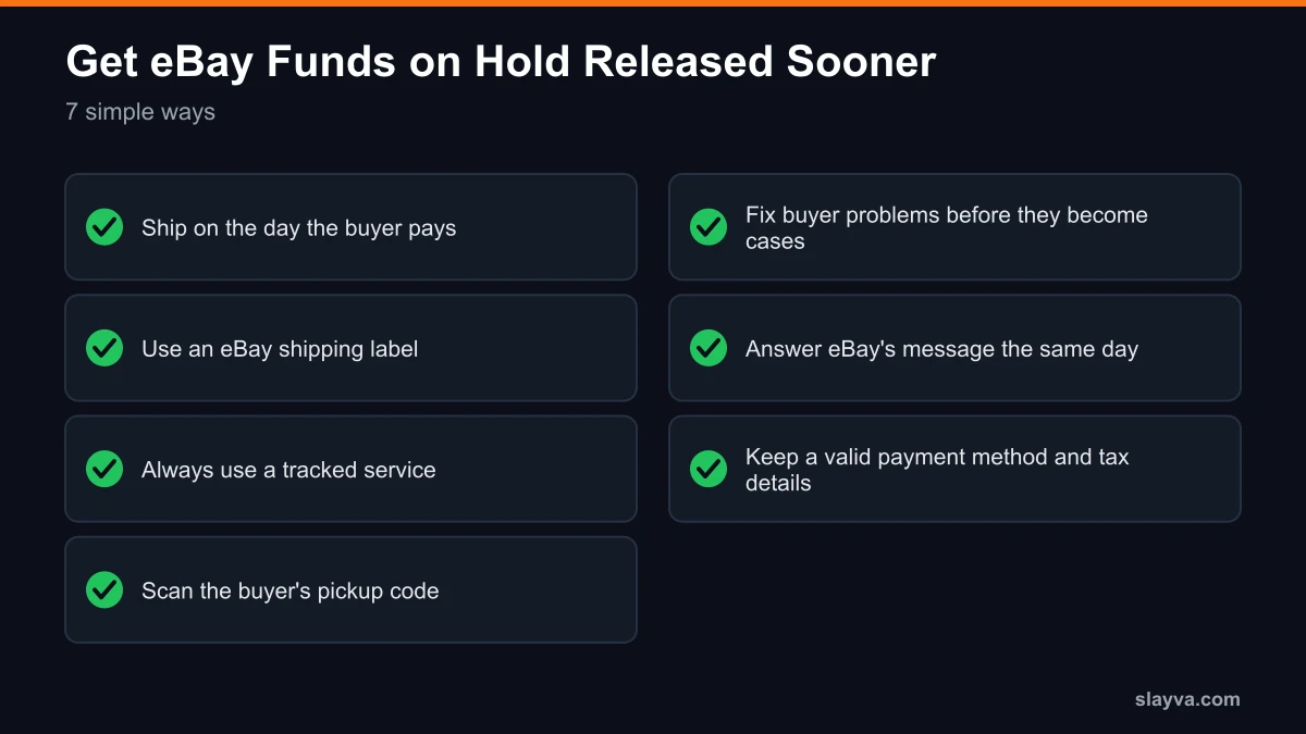 Checklist to get eBay funds on hold released sooner: ship the same day, eBay label, tracked service, local pickup code, fix problems early, answer eBay, valid payment method