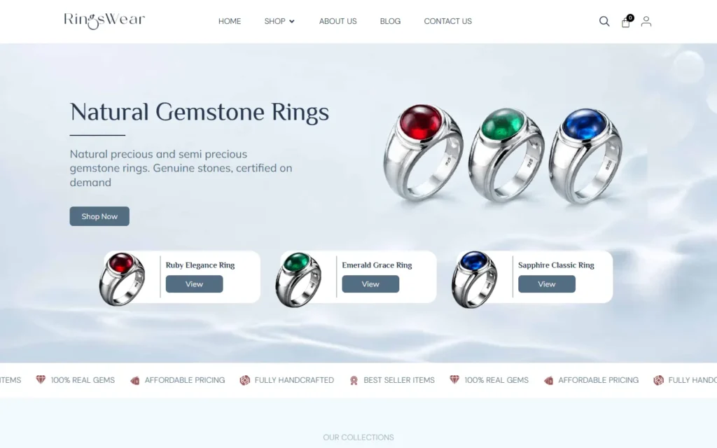 RingsWear homepage on desktop: natural gemstone rings in 925 sterling silver
