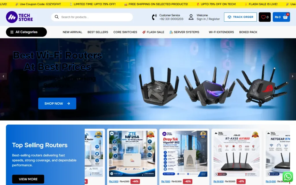 Tech Store homepage on desktop: routers, switches and networking equipment in Pakistan